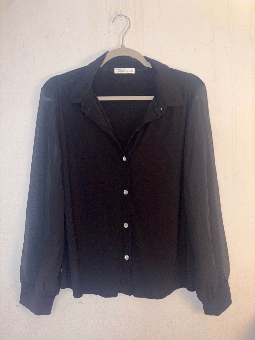 Maison Jules Black Sheer-Sleeve Button Down Shirt